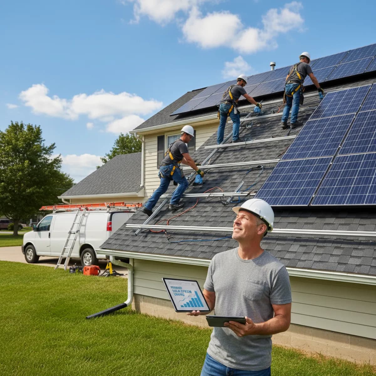 Workers installing solar panels on home roof