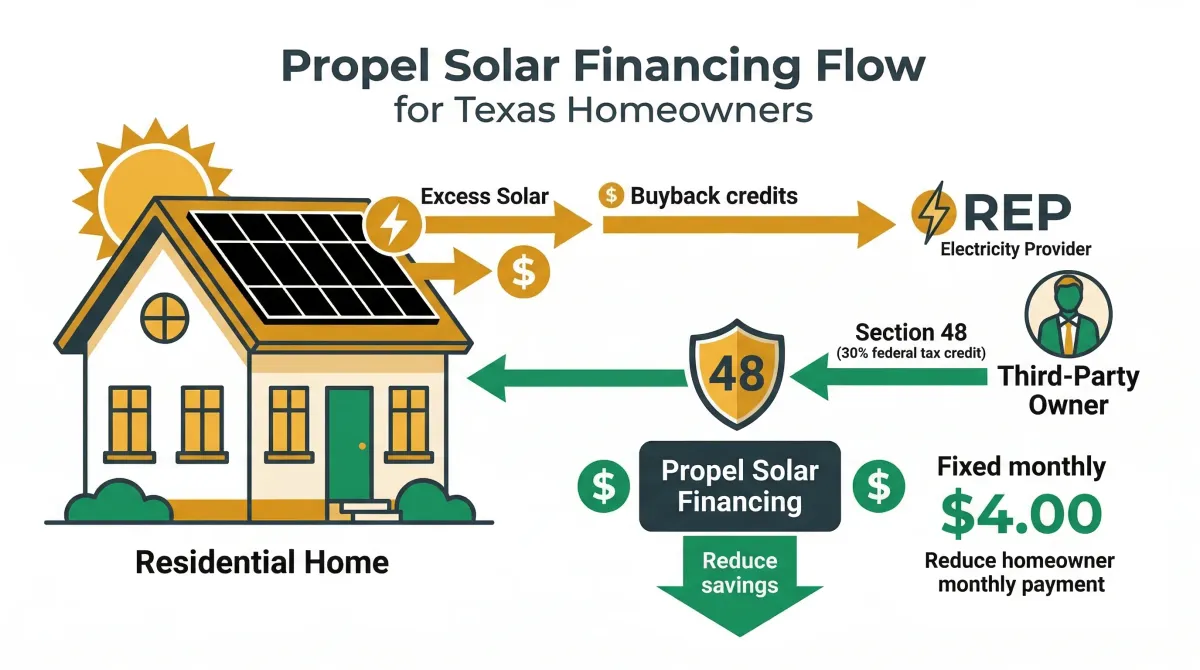 How Propel financing works with Texas solar buyback plans — Section 48 tax credit flows through third-party owner to reduce your fixed monthly payment