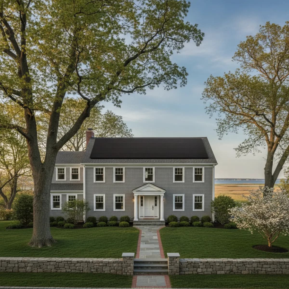 Connecticut shoreline colonial home with a rooftop solar array at golden hour