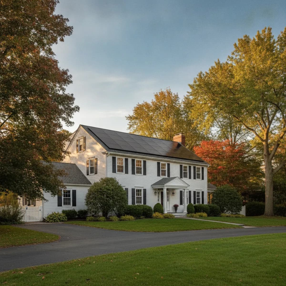 New England colonial home in a Boston suburb with a rooftop solar array
