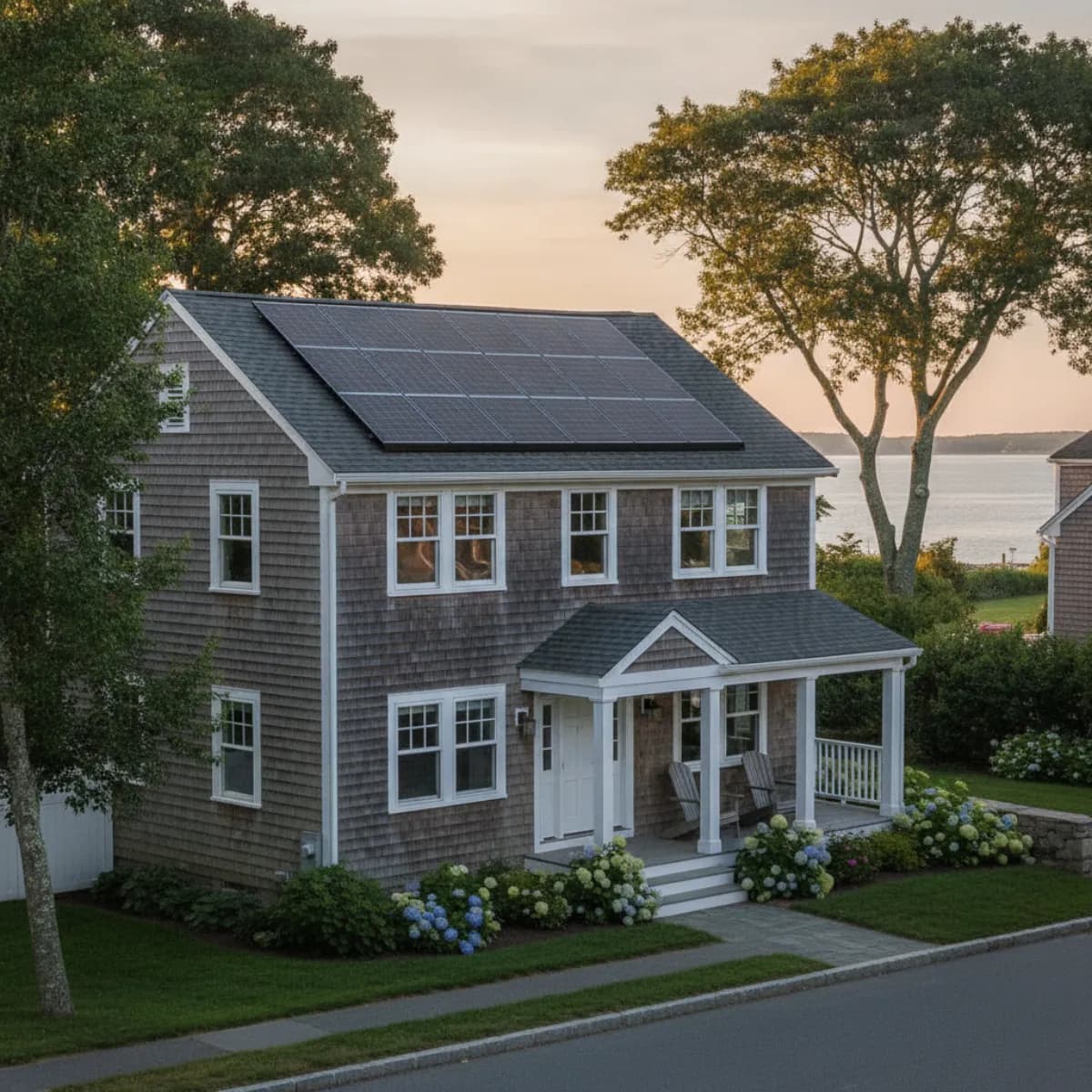 Rhode Island coastal home with rooftop solar under a clear sky