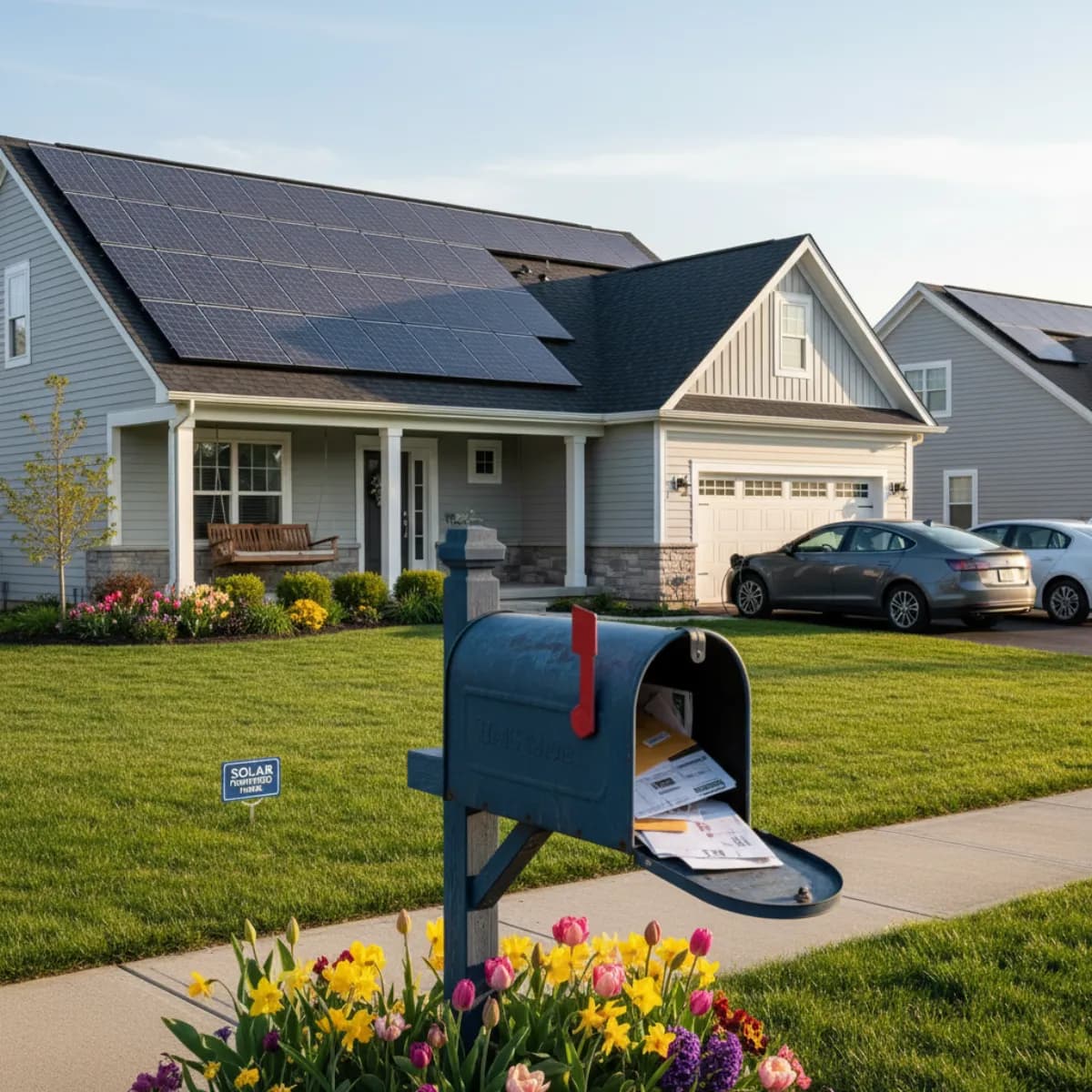 Home with solar panels in suburban setting
