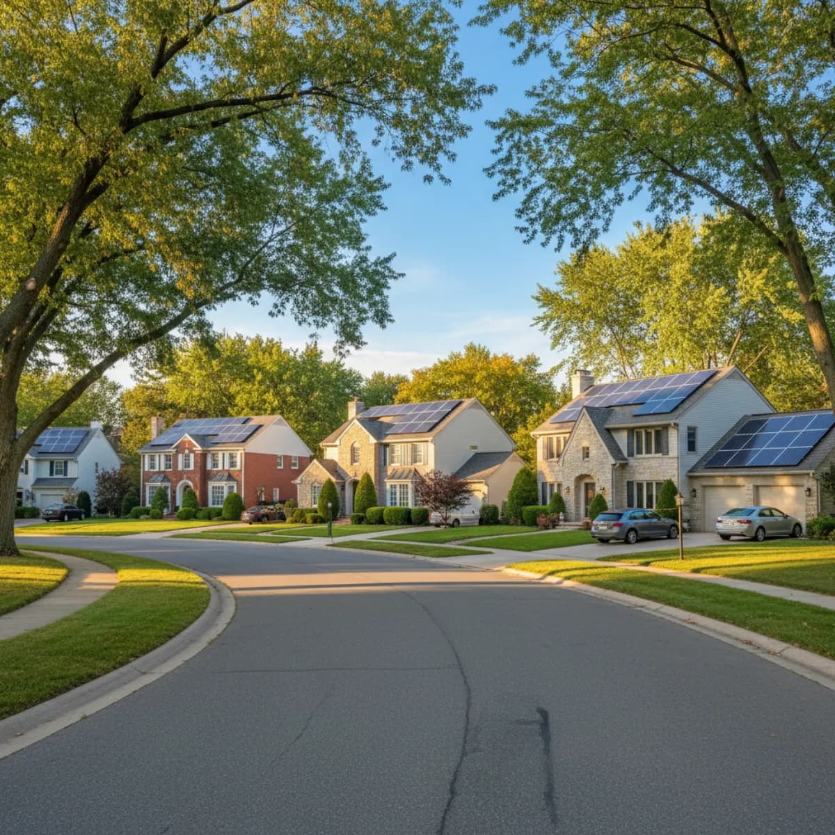 Row of suburban homes with solar panels