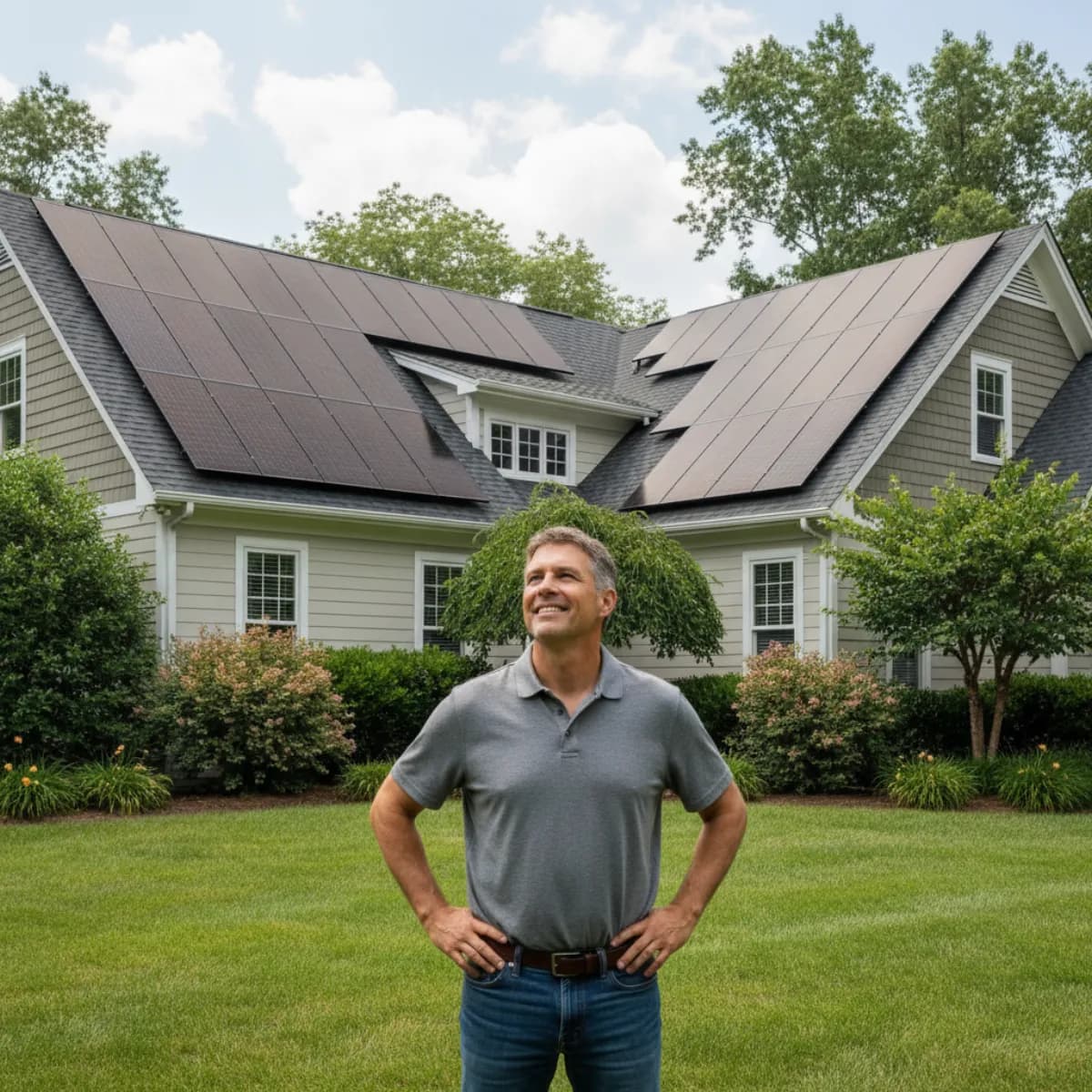 Completed solar installation with homeowner inspecting