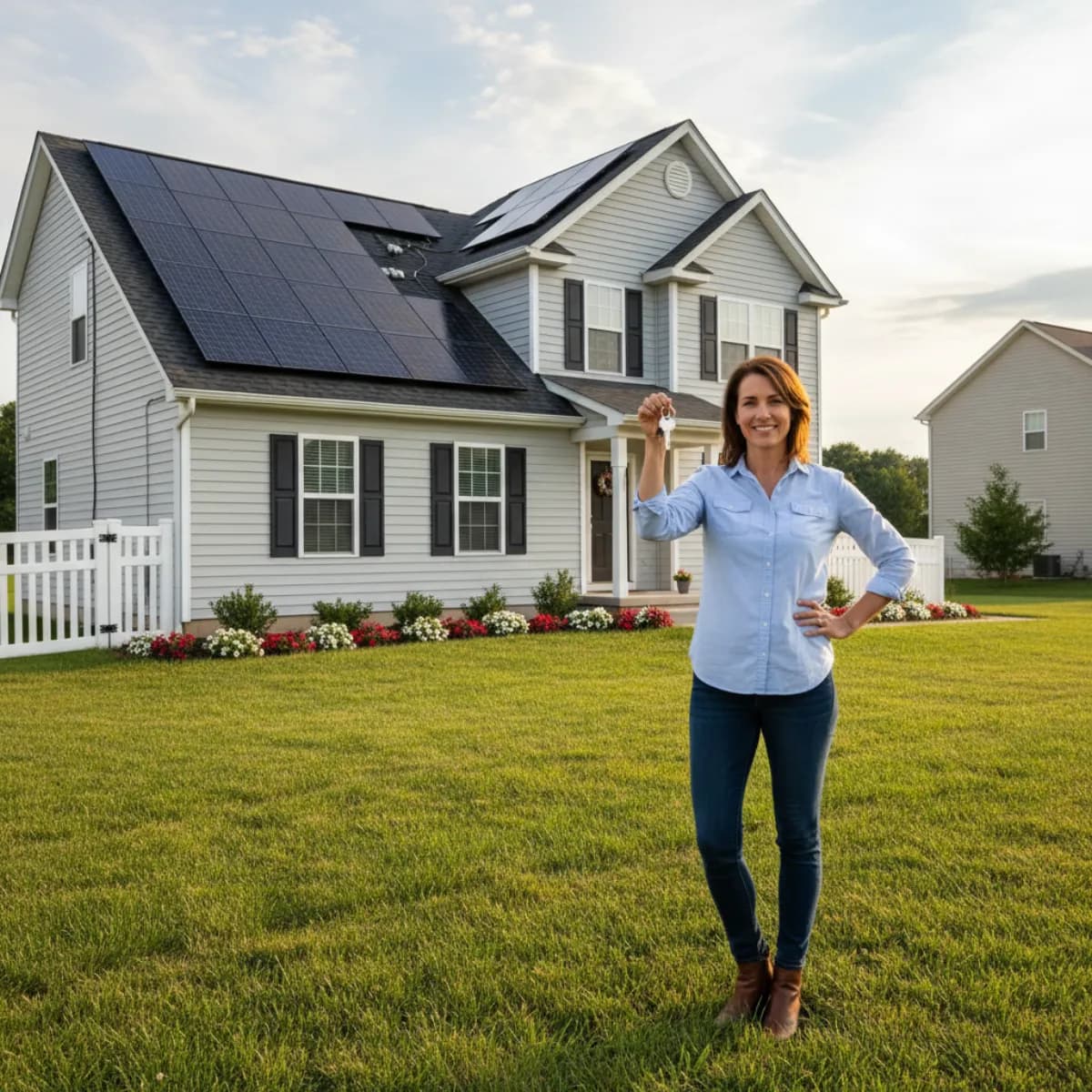 Homeowner with keys in front of solar-powered home