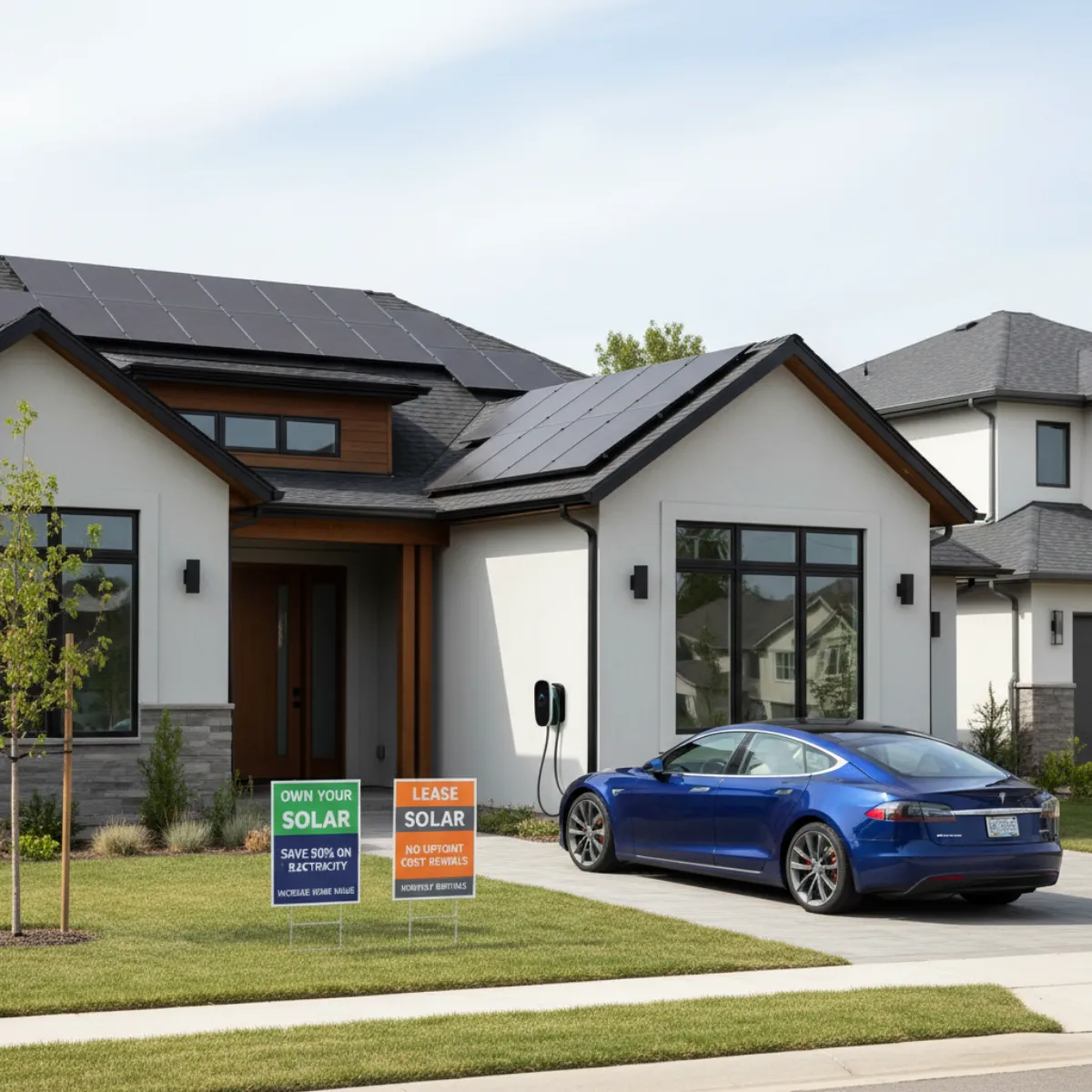 Home with solar panels and Tesla EV showing solar ownership options