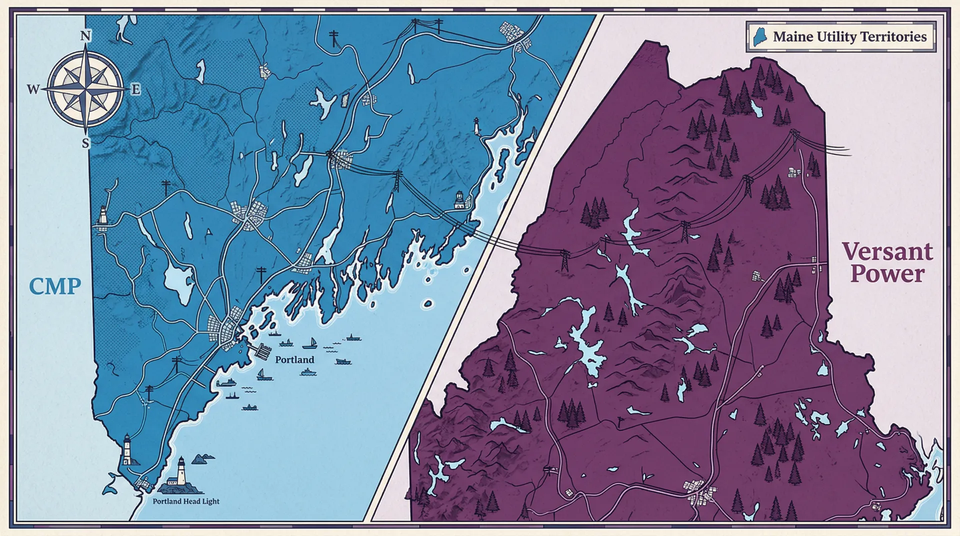 CMP vs Versant side-by-side rate comparison showing service territories, rates, and average bills in Maine 2026