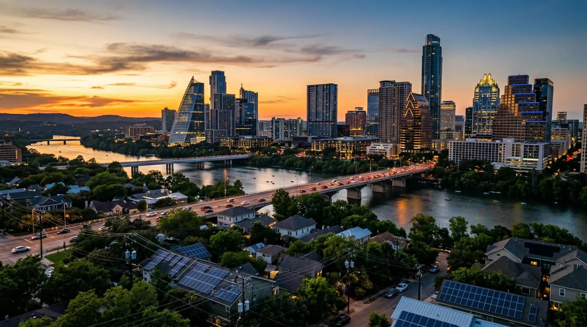 Austin Texas skyline with residential neighborhoods and Austin Energy utility infrastructure