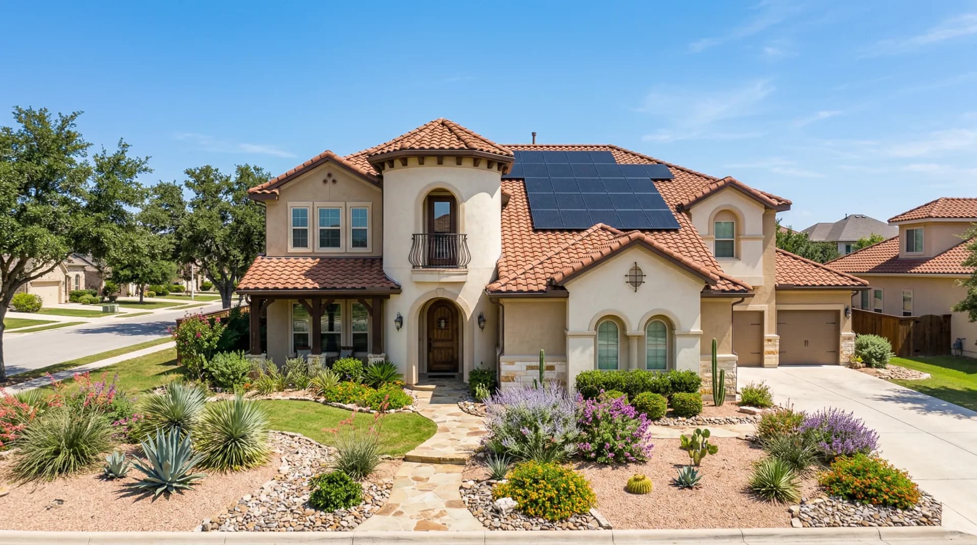 San Antonio residential rooftop with solar panels installed, Alamo City skyline in background