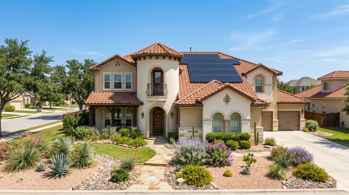 San Antonio residential rooftop with solar panels installed, Alamo City skyline in background
