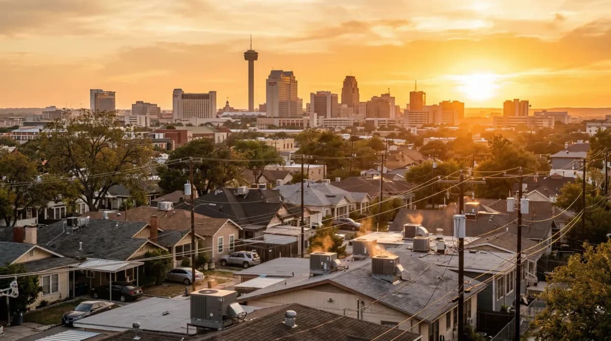 San Antonio skyline with residential neighborhoods and CPS Energy power infrastructure