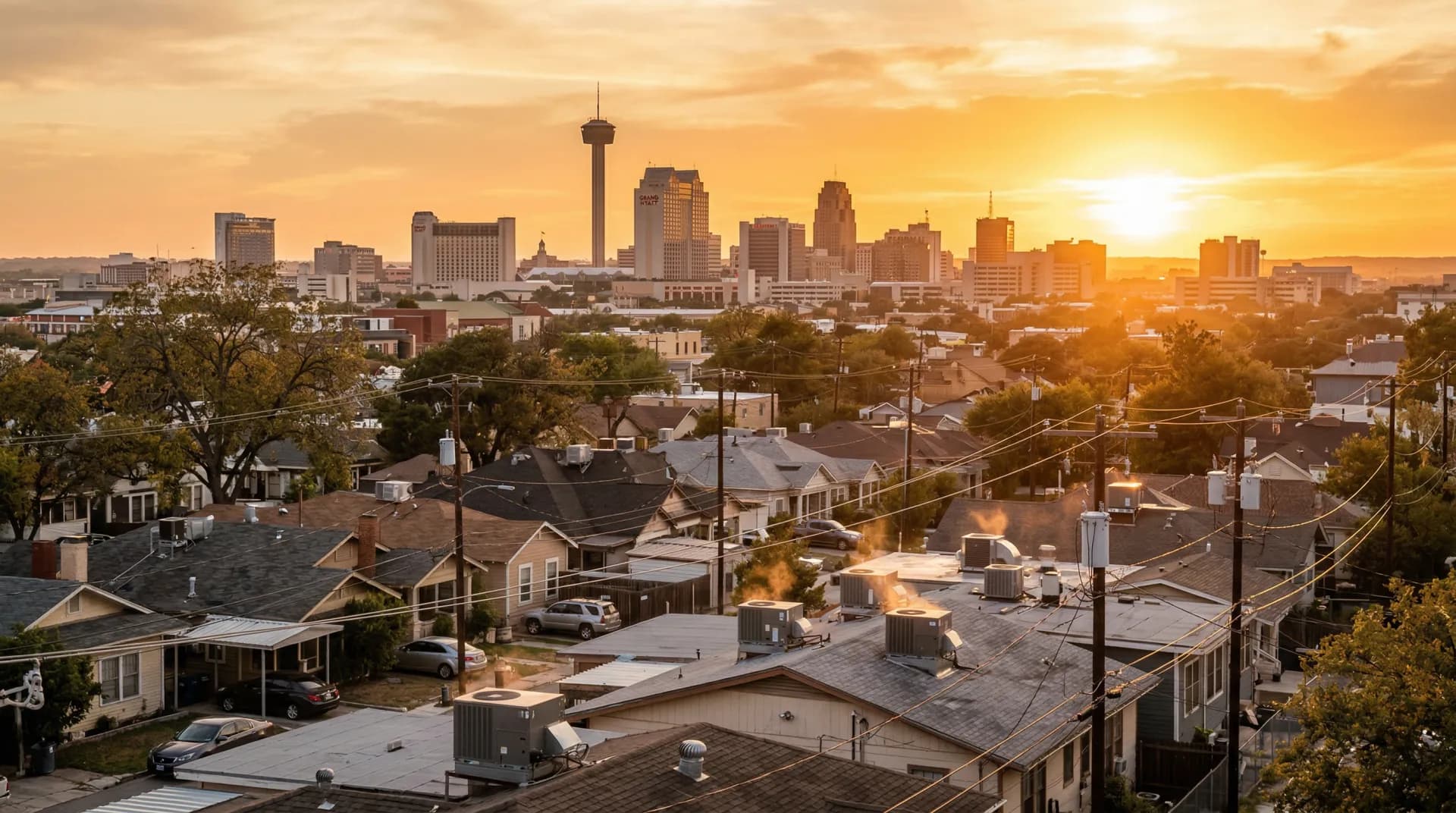 San Antonio skyline with residential neighborhoods and CPS Energy power infrastructure