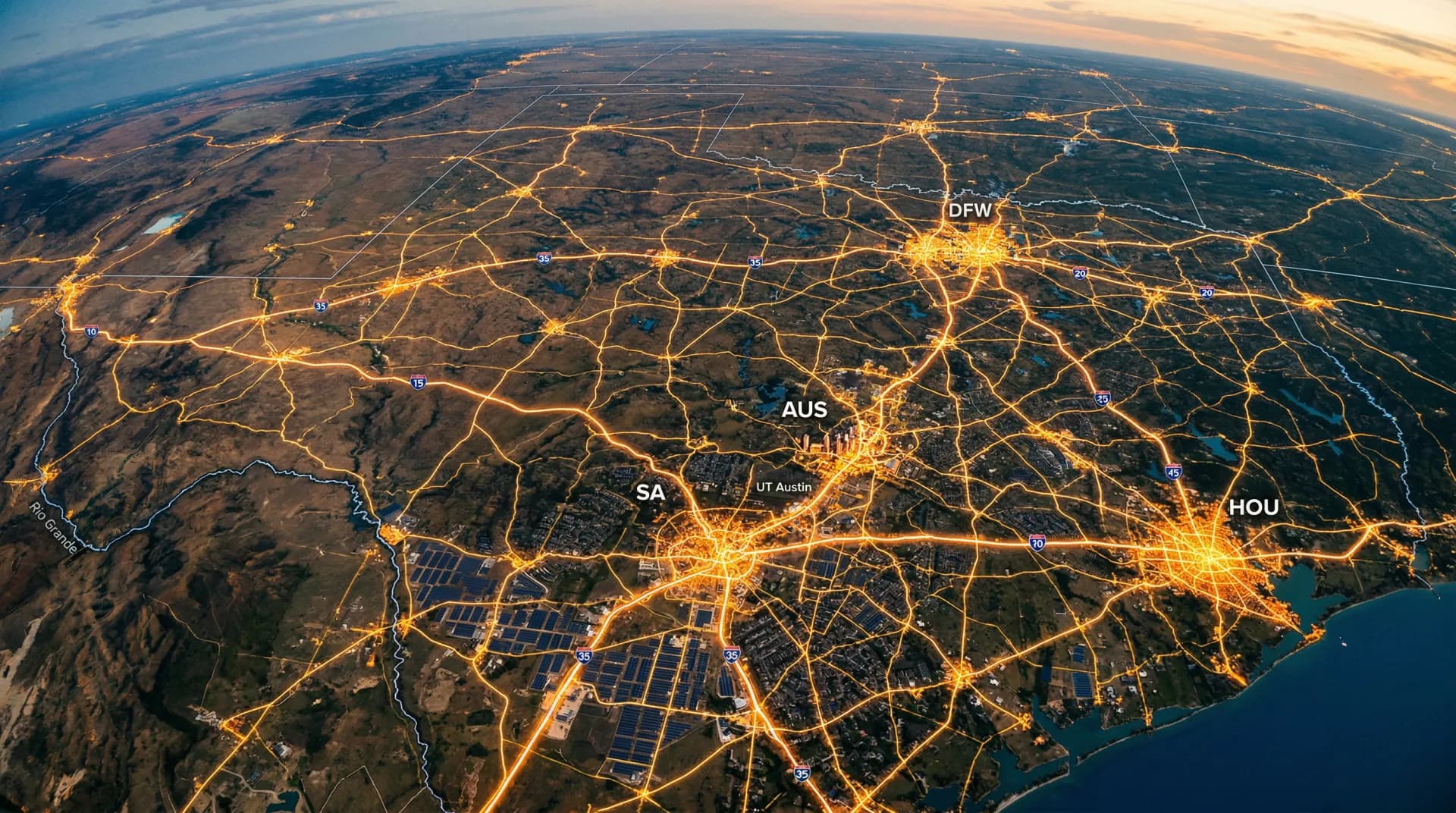 Texas power grid infrastructure with transmission lines across the Lone Star State landscape