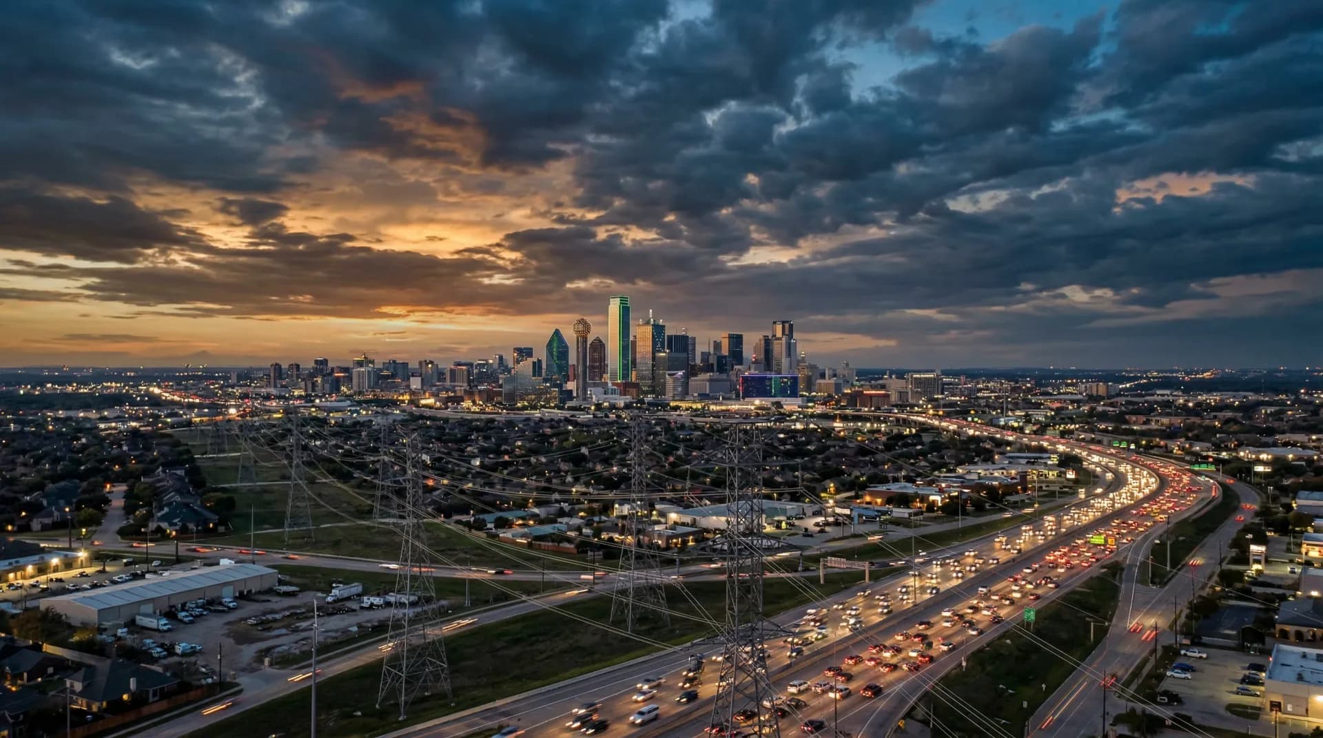 Dallas-Fort Worth skyline with power lines and Oncor electricity delivery infrastructure