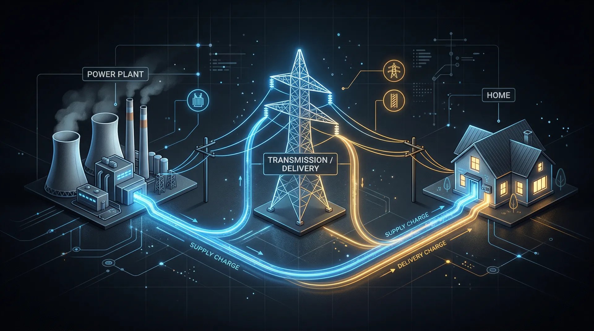 Diagram showing how electricity flows from power plant through Oncor delivery to your home in the DFW deregulated market