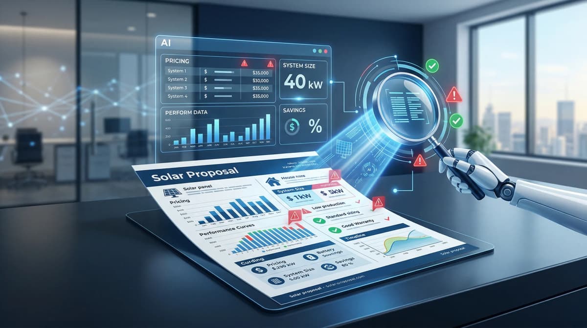 AI analyzing a solar proposal document with highlighted red flags and comparison data