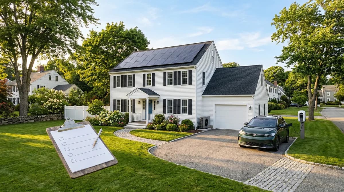 Home with solar panels, heat pump, and EV charger