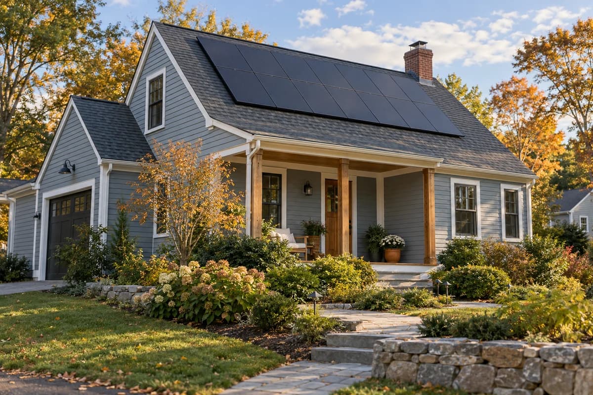 A home with rooftop solar panels and a front porch