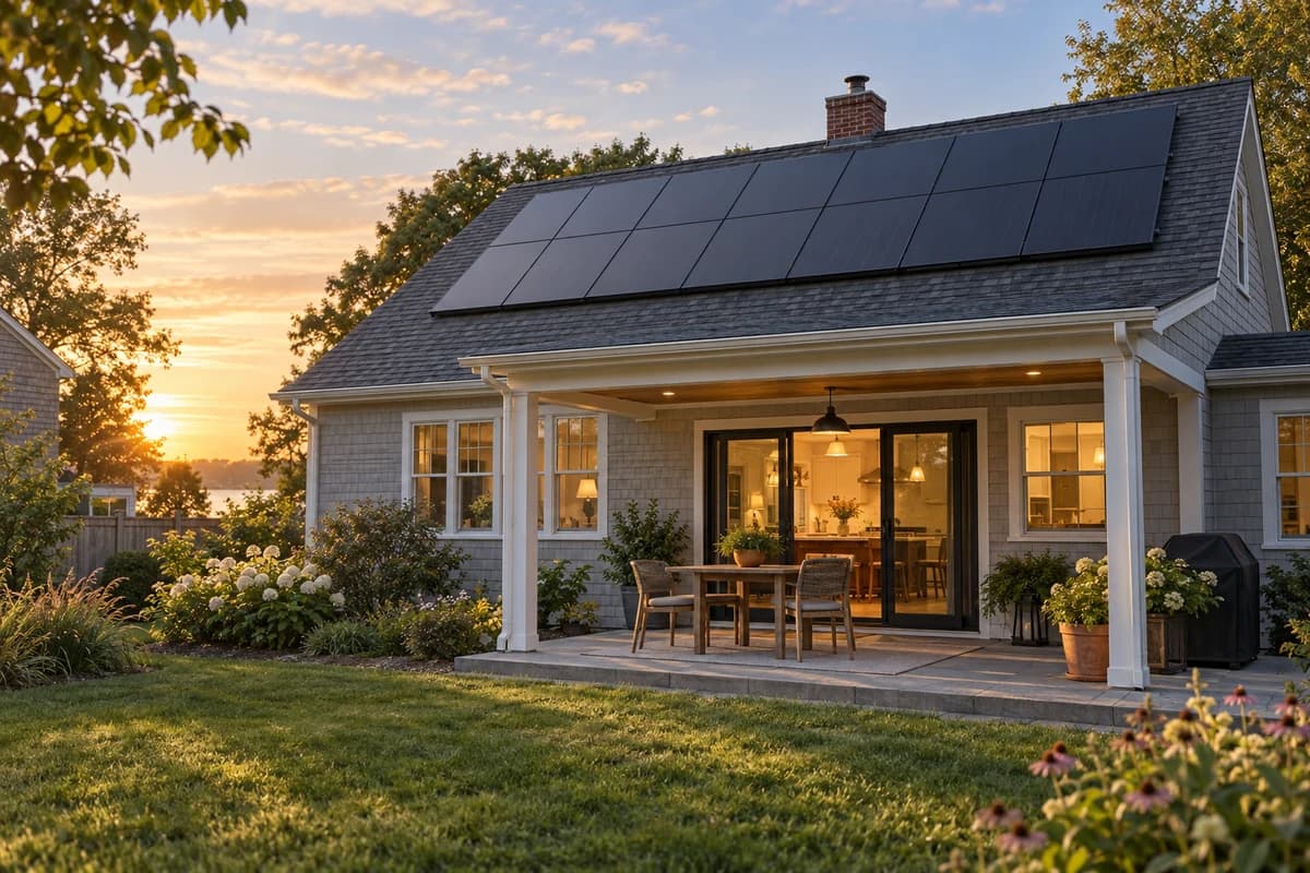 A home with rooftop solar panels and a patio at sunset