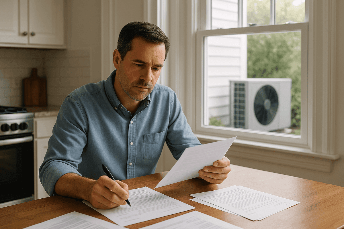 Homeowner reviewing heat pump financing paperwork in Rhode Island