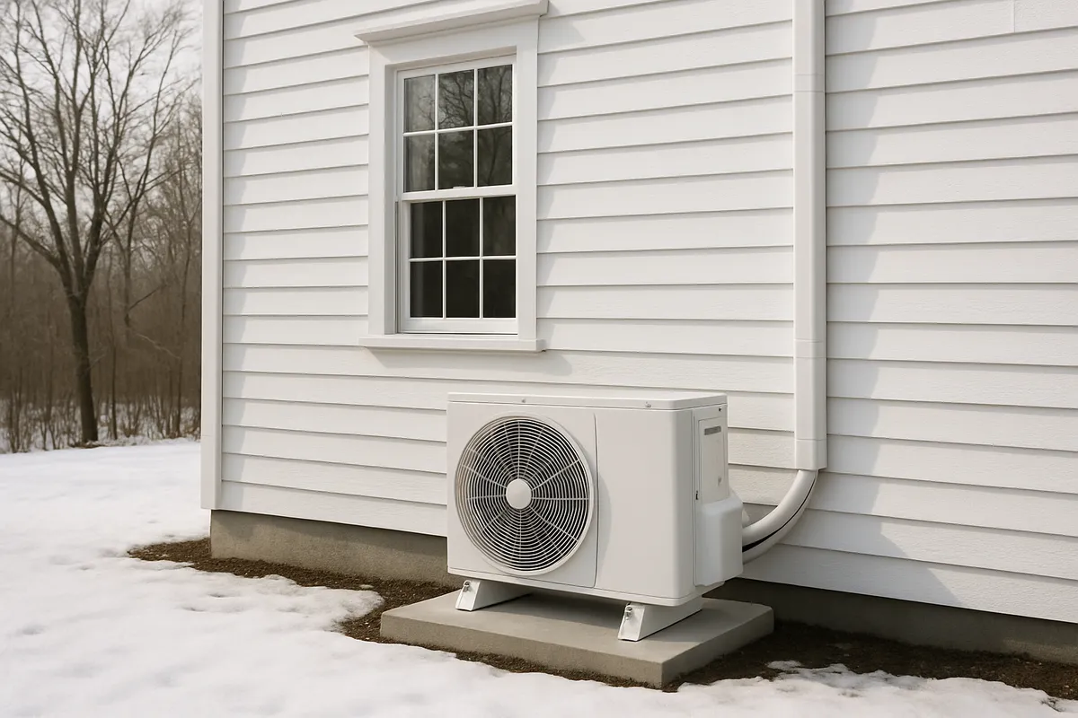 Heat pump outdoor unit beside a Rhode Island colonial home