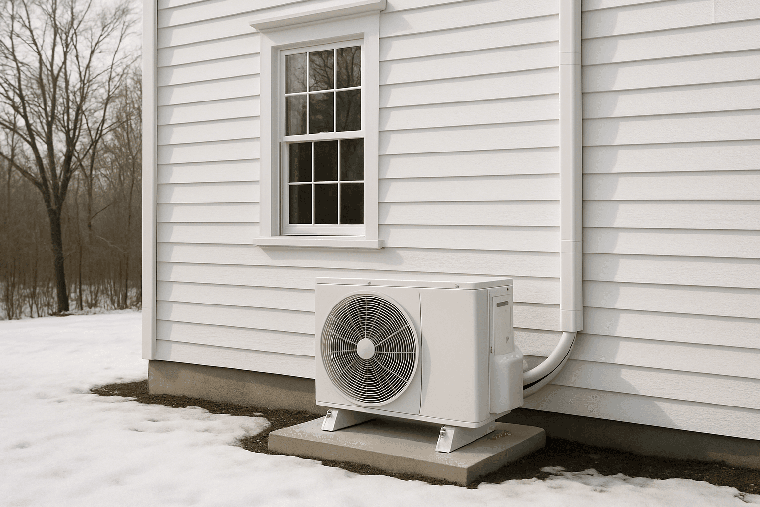 Heat pump outdoor unit beside a Rhode Island colonial home