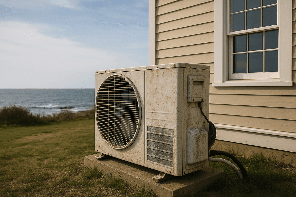 Weathered heat pump outdoor unit near Rhode Island coastline
