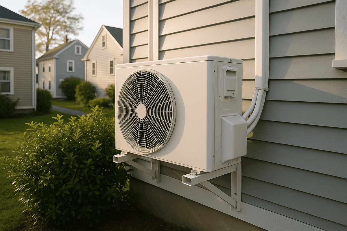 Quiet heat pump installed between closely spaced Rhode Island homes