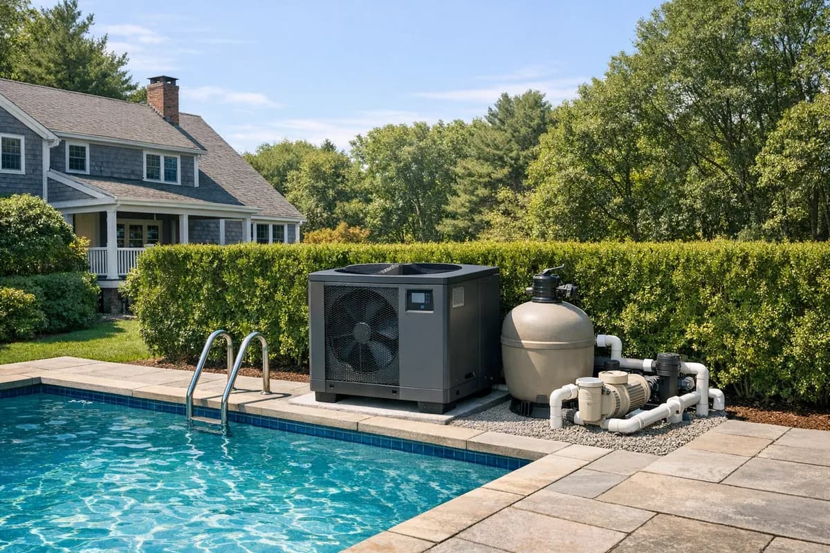 Rhode Island backyard pool with heat pump pool heater installed next to pool equipment