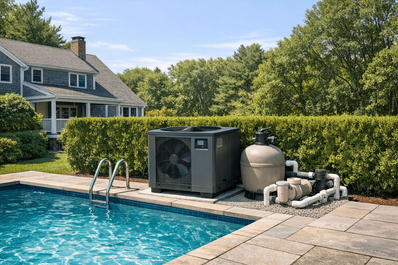 Rhode Island backyard pool with heat pump pool heater installed next to pool equipment