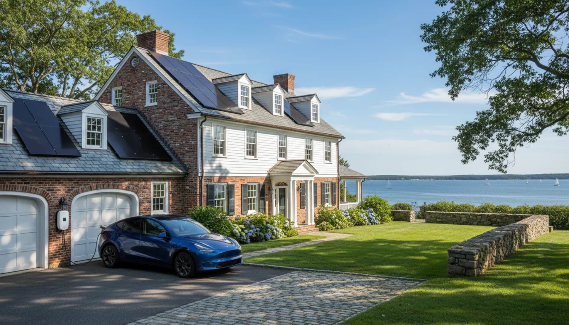 Rhode Island home with solar panels and electric vehicle plugged into Level 2 charger