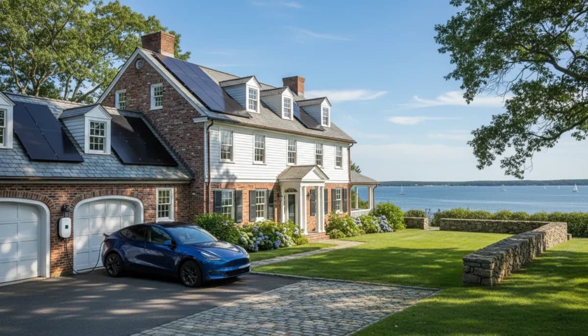 Rhode Island home with solar panels and electric vehicle plugged into Level 2 charger