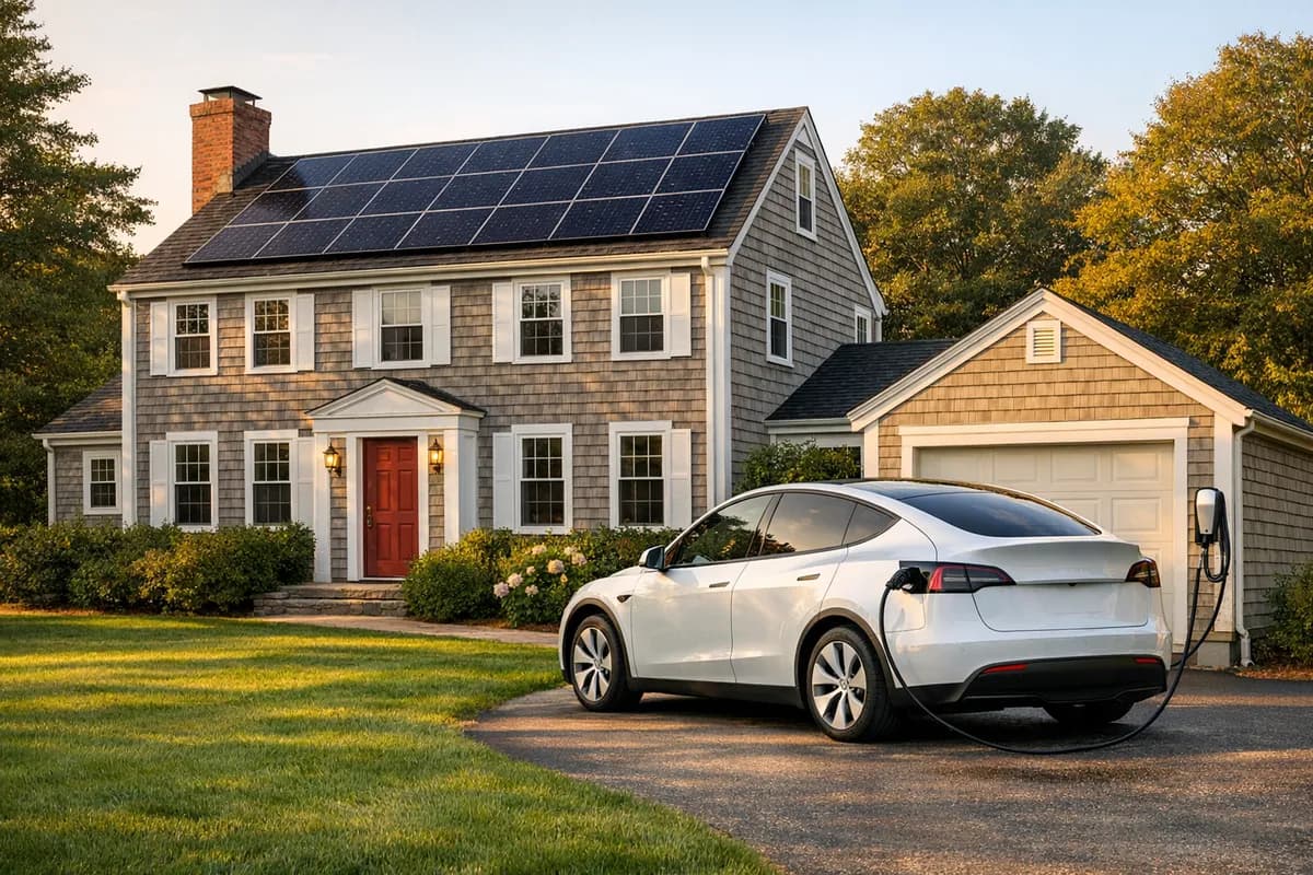 Rhode Island home with solar panels and electric vehicle charging in driveway
