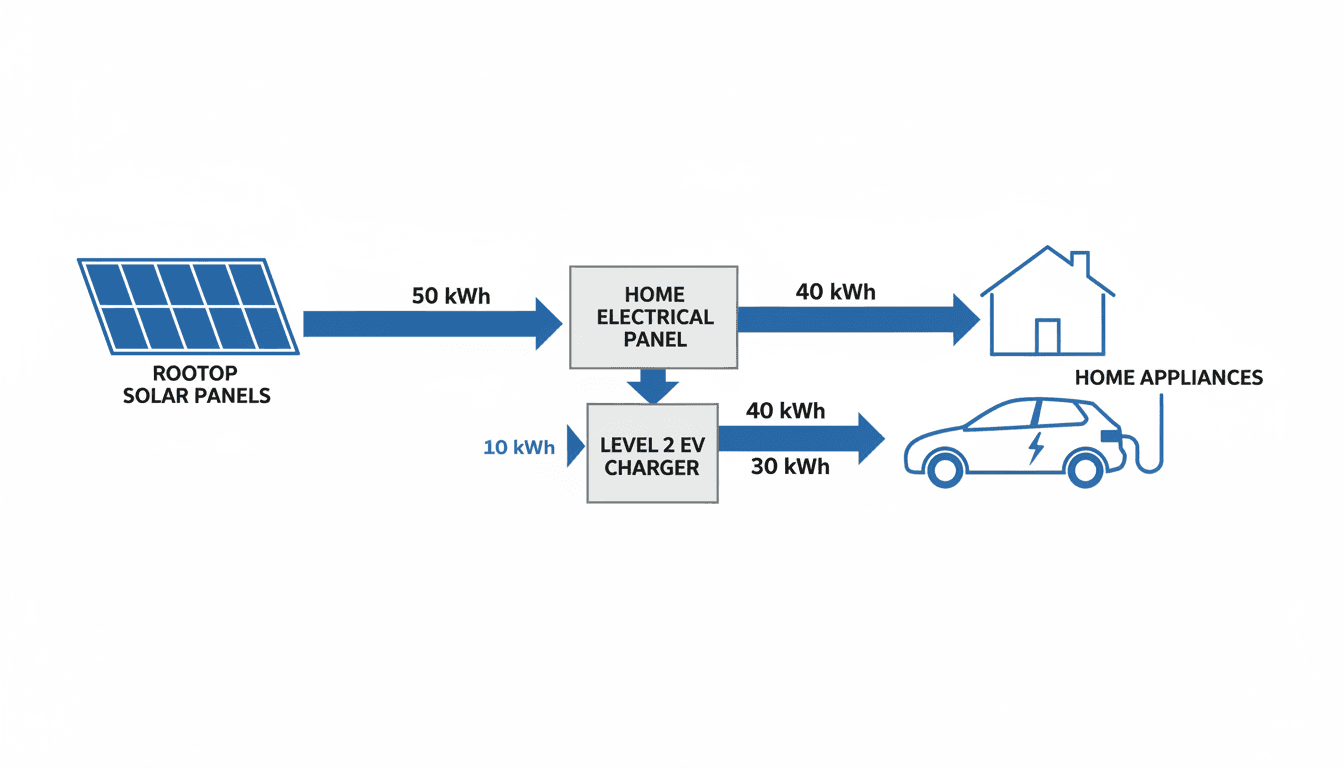 Solar to EV charger energy flow diagram showing panels, inverter, home, and EV charger with kWh labels