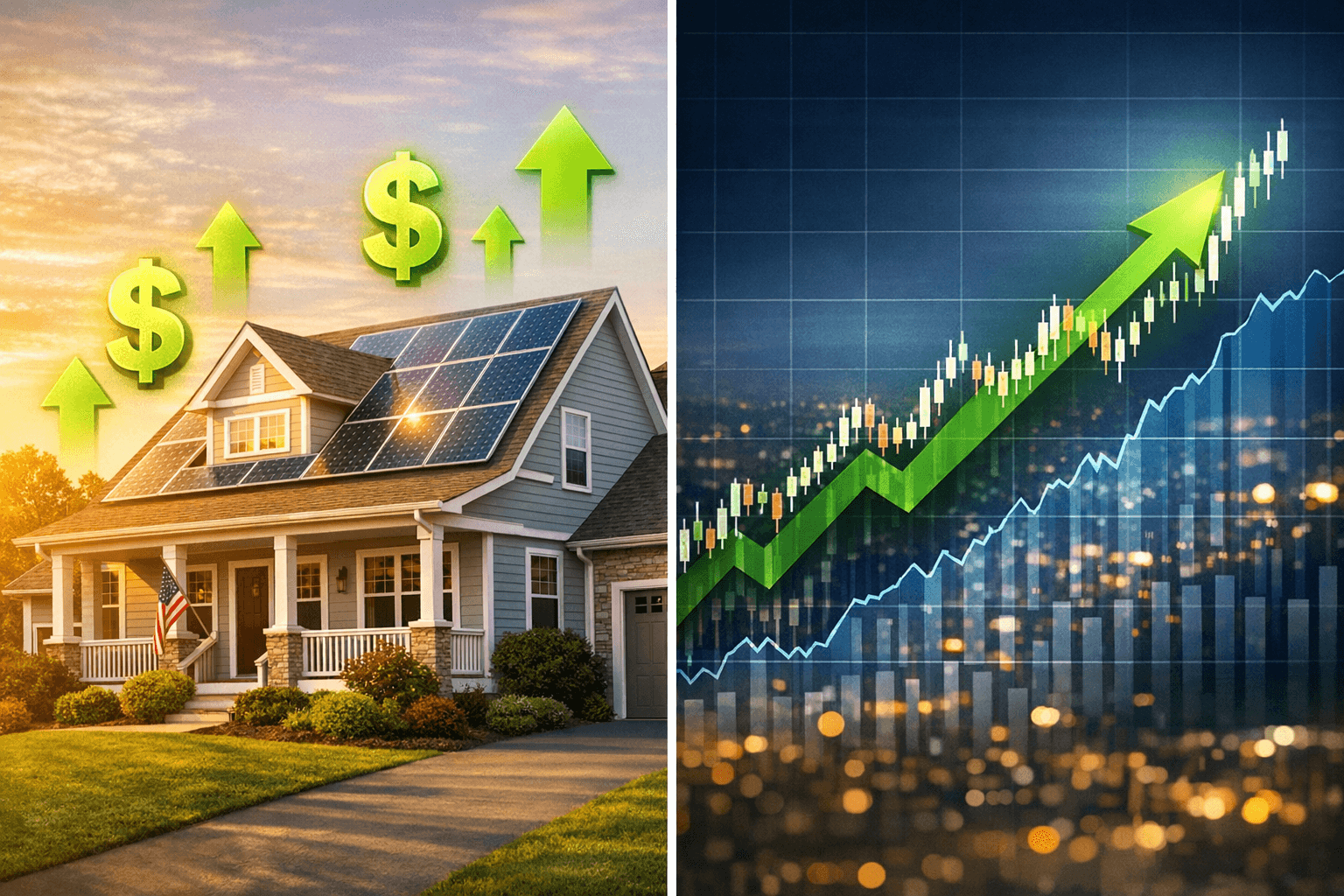 Rhode Island home with solar panels compared to stock market investment chart