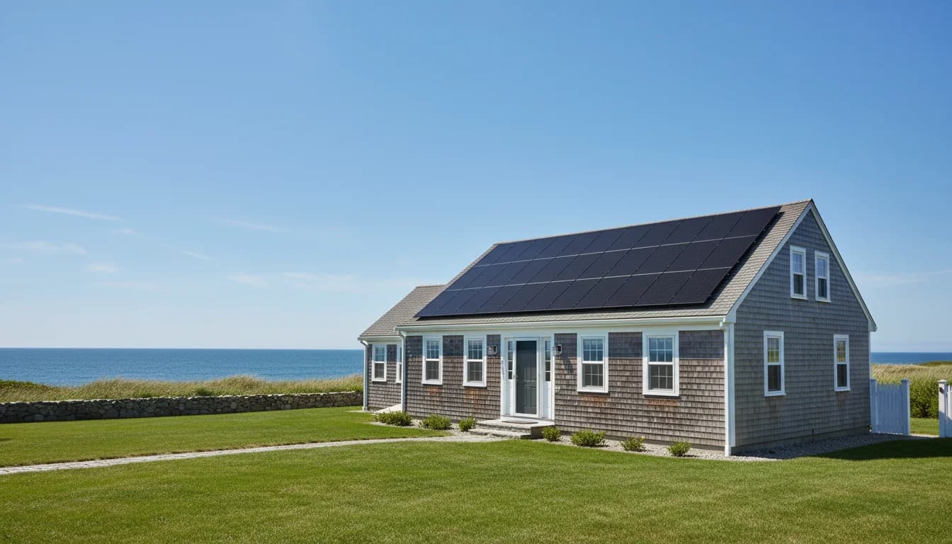 Rhode Island home with solar panels and a lease agreement document overlay