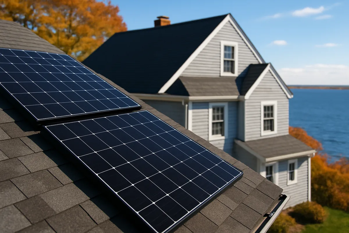 Solar panels on a Rhode Island cape-style home near the coast