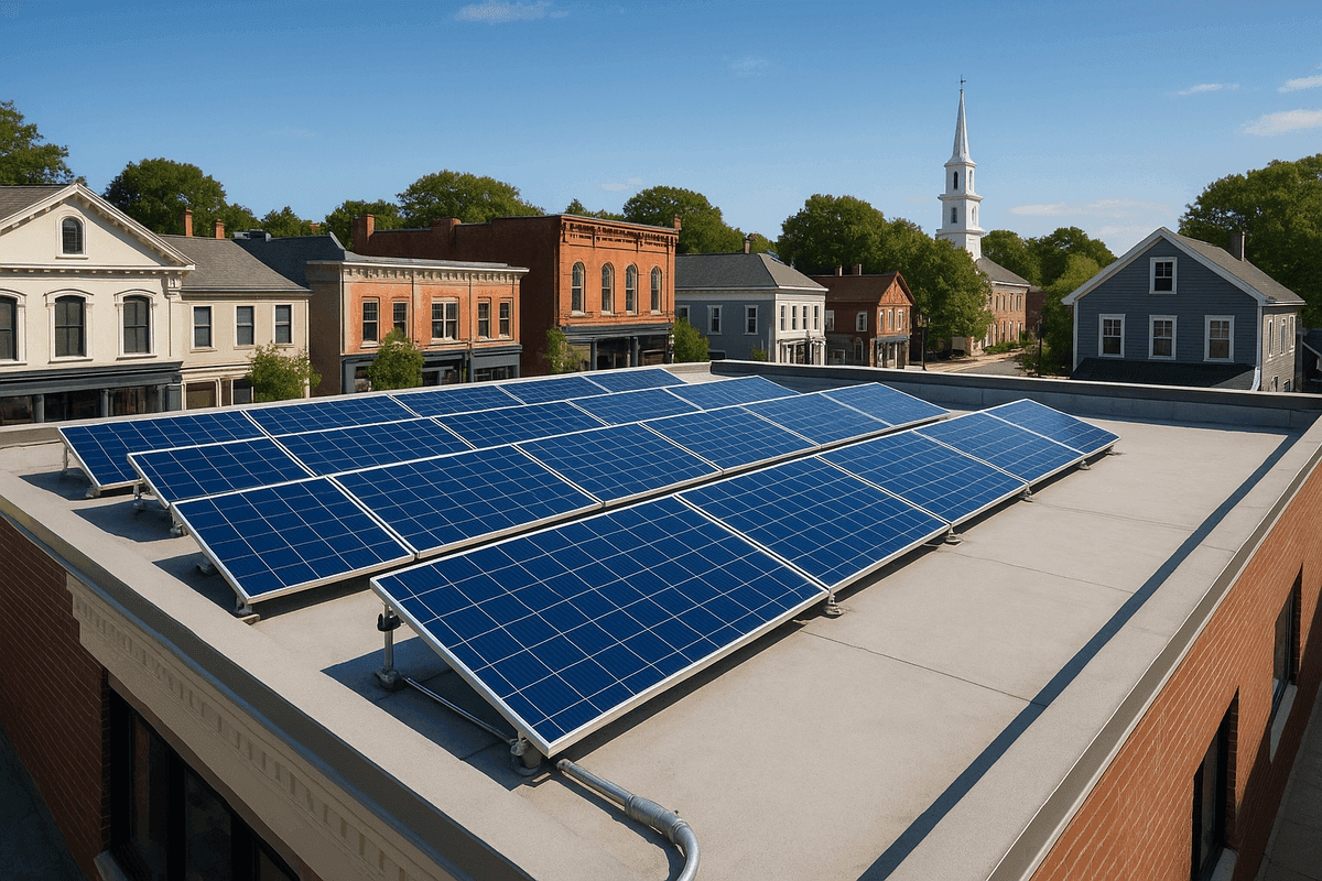 Solar panels on a small business rooftop in Rhode Island