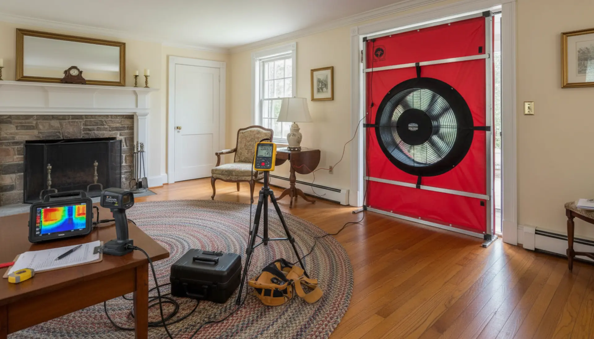 RI Energy free home energy assessment -- technician performing blower door test