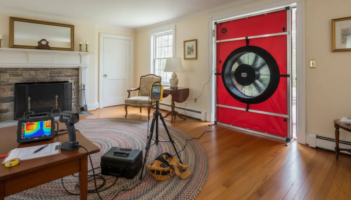 RI Energy free home energy assessment -- technician performing blower door test