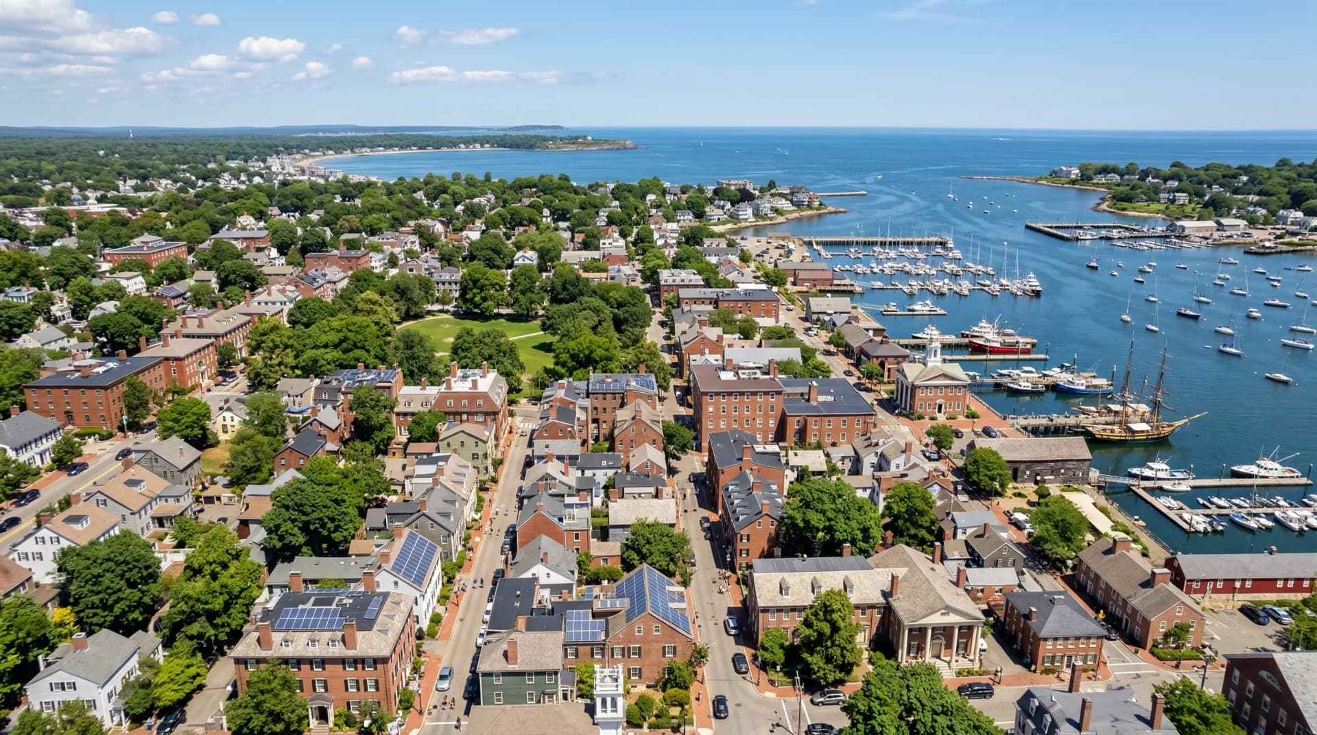 Aerial view of Salem Massachusetts with solar panels on residential rooftops