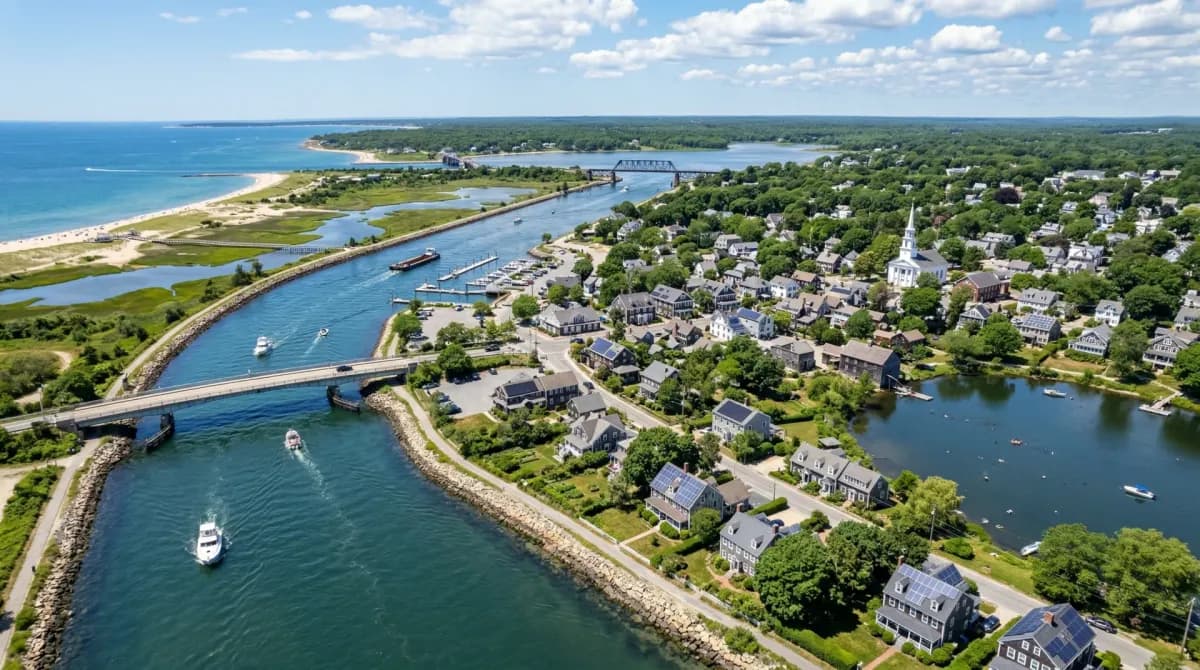 Aerial view of Sandwich Massachusetts with solar panels on residential rooftops