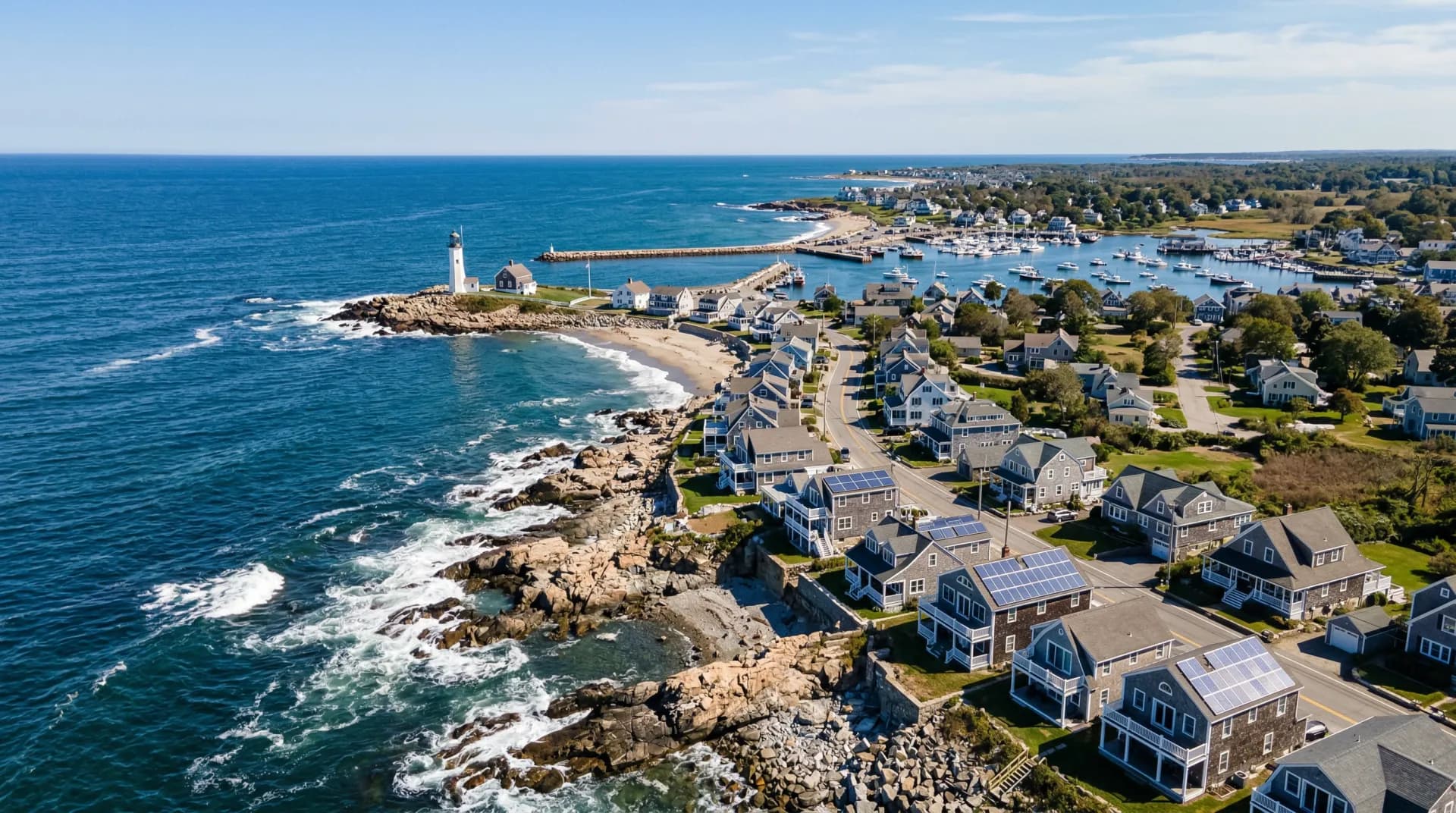 Aerial view of Scituate Massachusetts with solar panels on residential rooftops