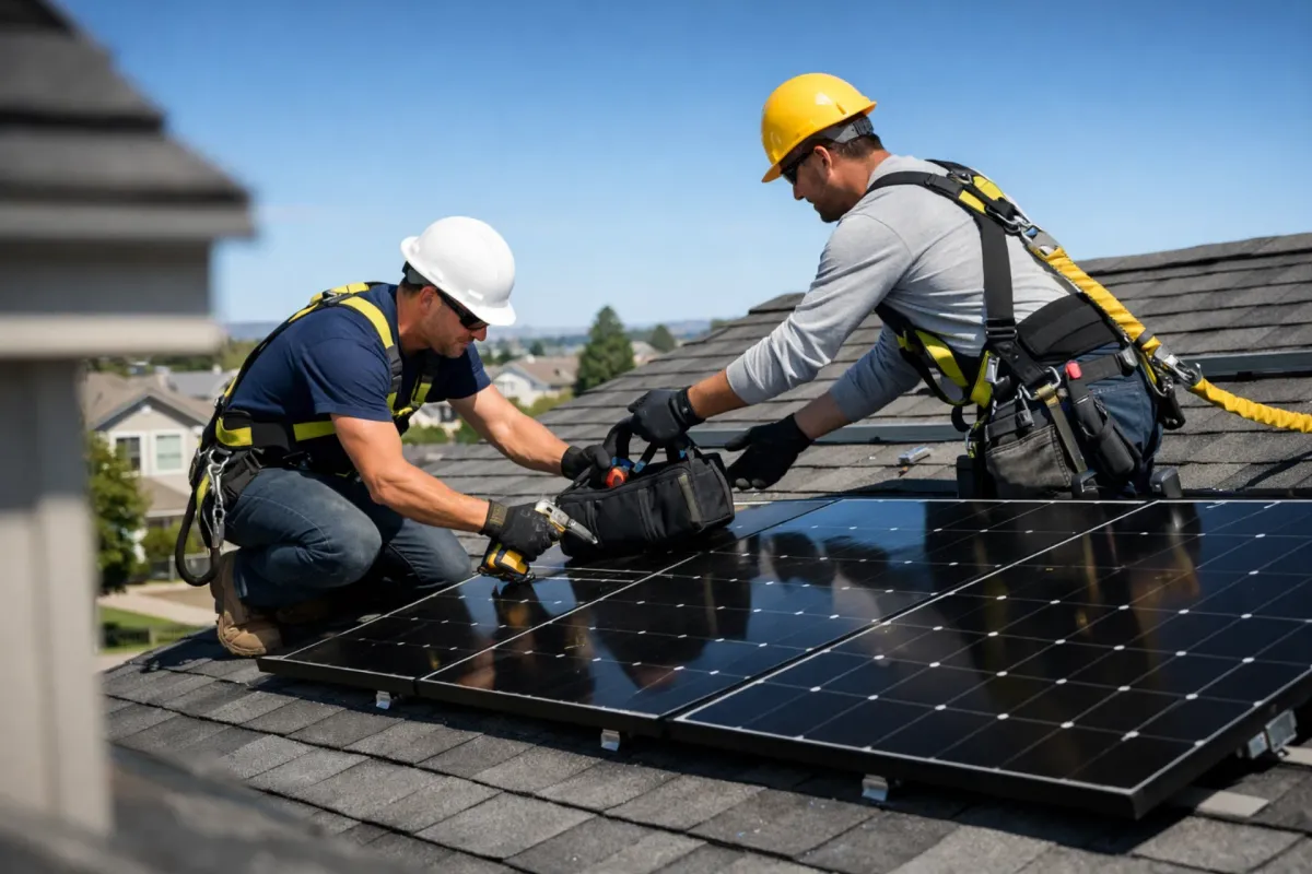 Solar installation crew working on a residential rooftop