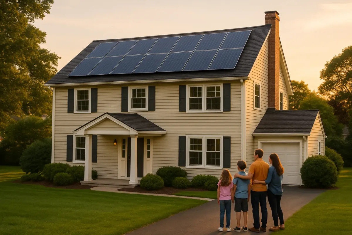Completed home with new roof and solar panel array