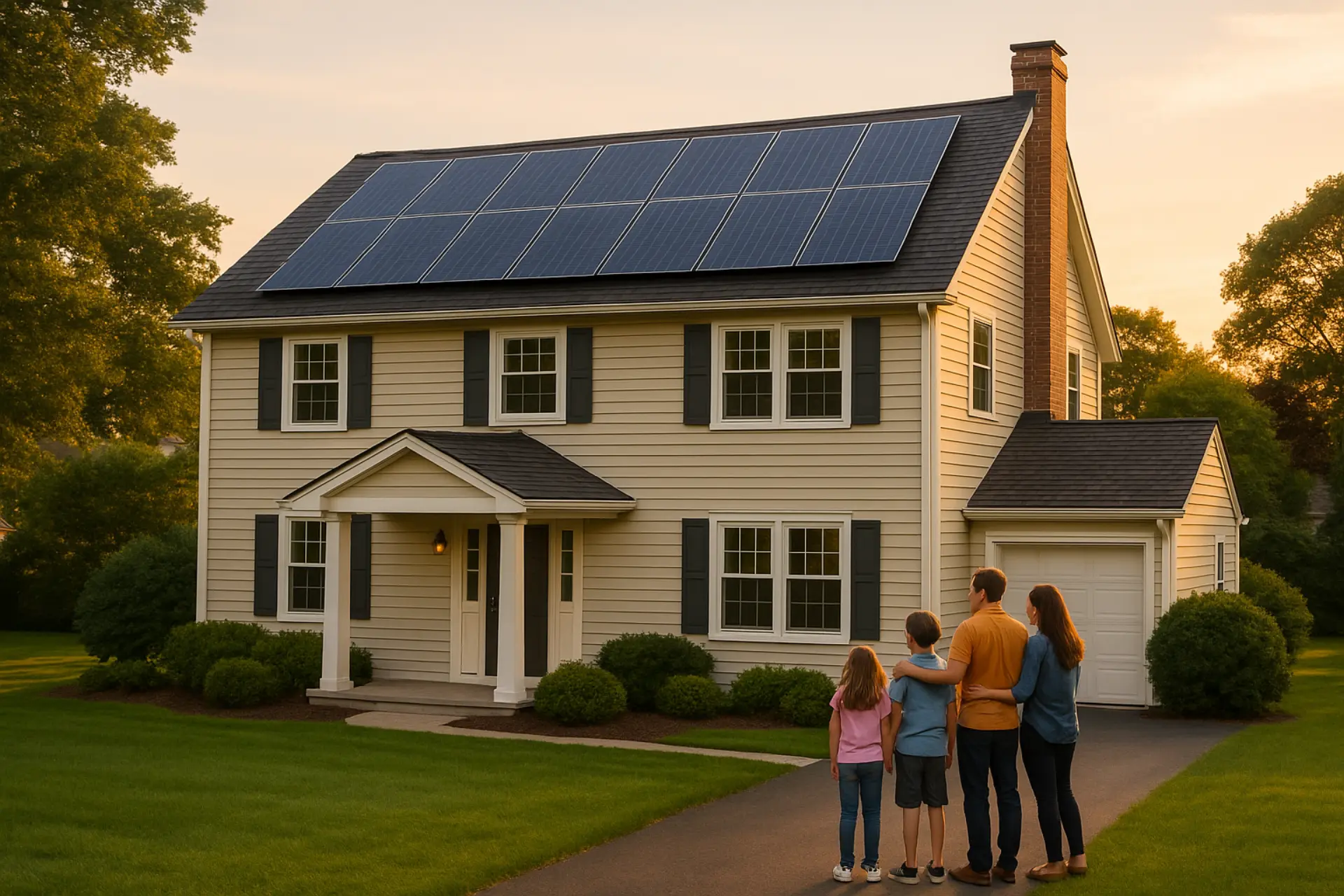 Completed home with new roof and solar panel array