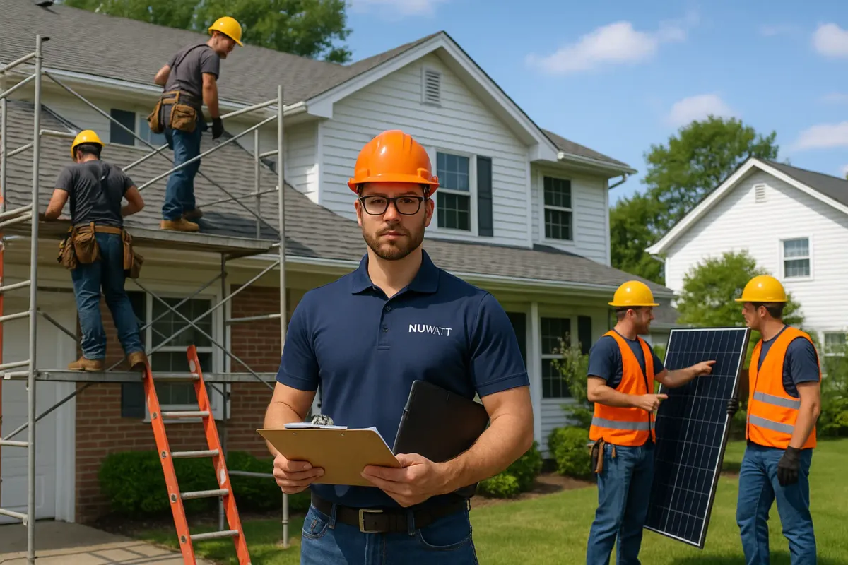 NuWatt project manager coordinating roofing and solar crews
