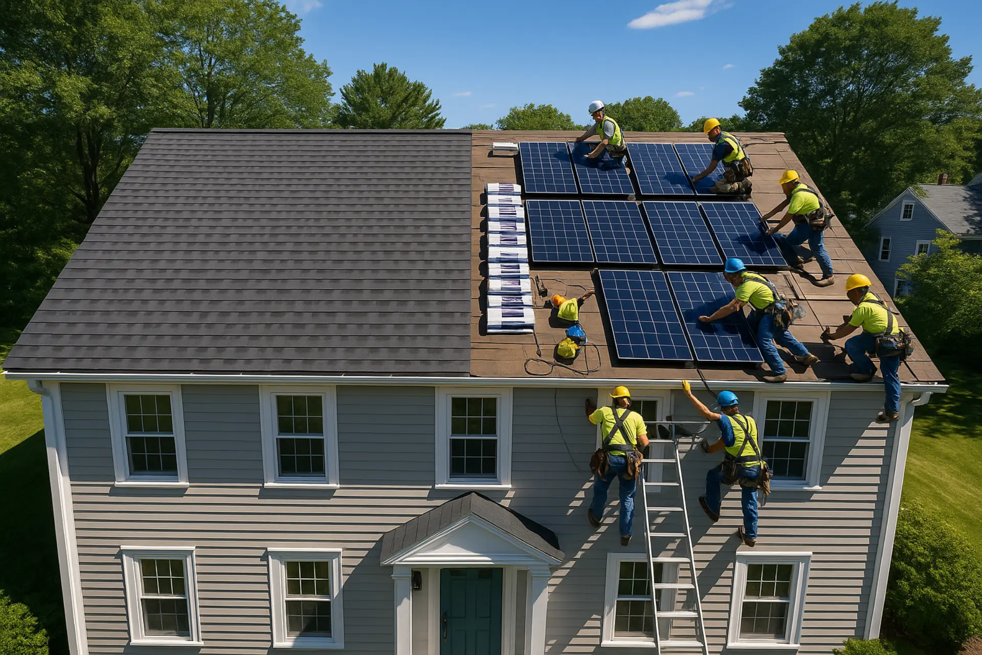 Coordinated roof replacement and solar panel installation on a residential home