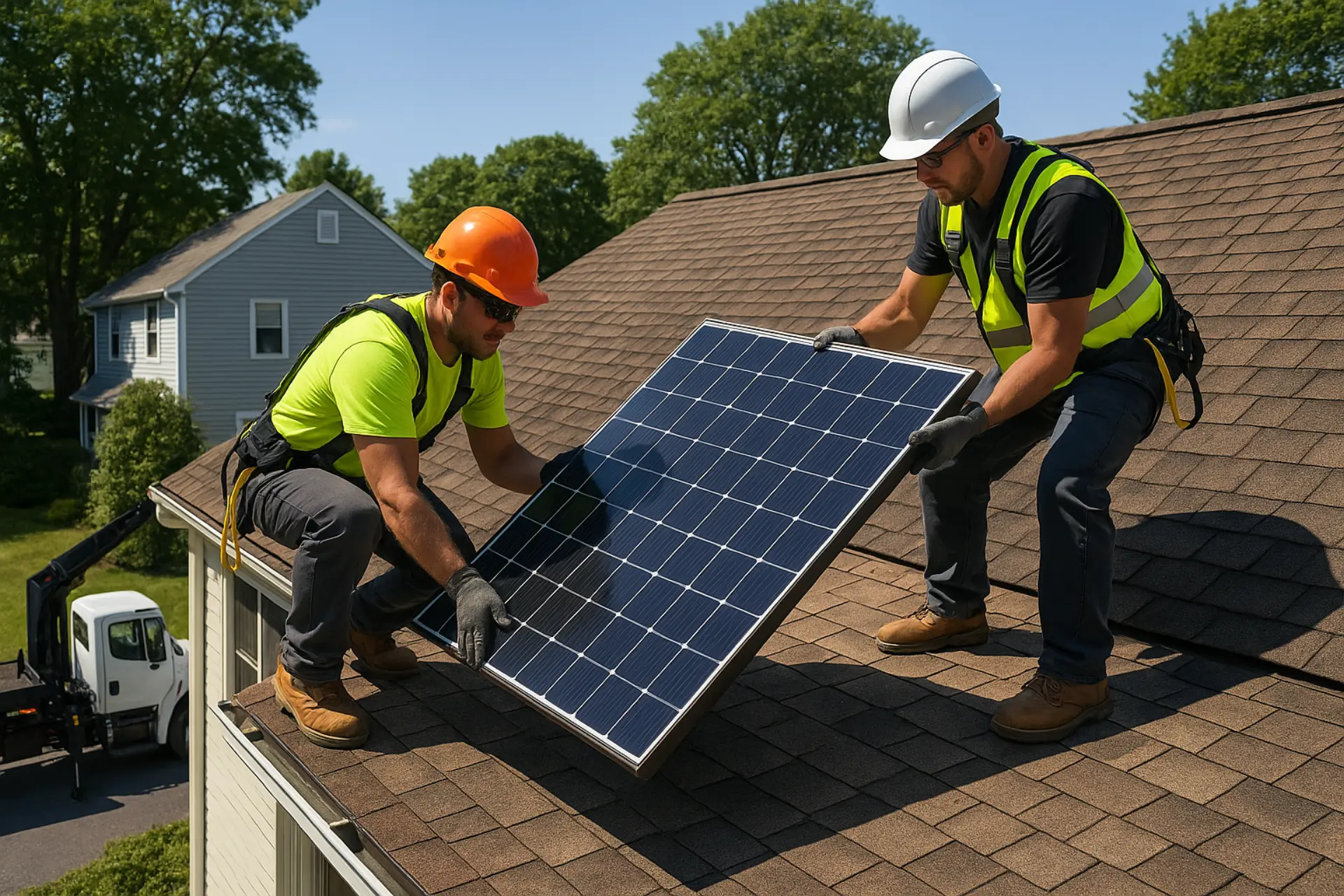 Technicians carefully removing solar panels from a residential roof
