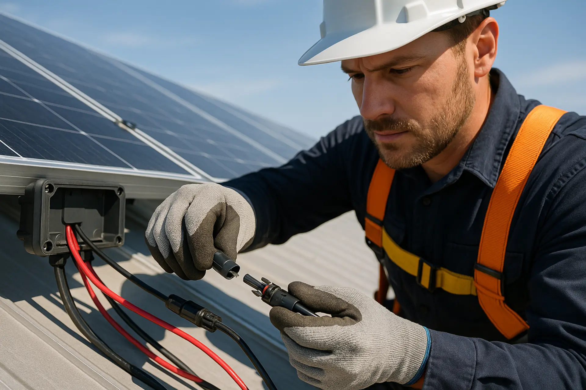 Licensed electrician disconnecting solar panel wiring on a rooftop